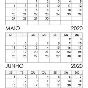 Calendário Abril, Maio, Junho 2020
