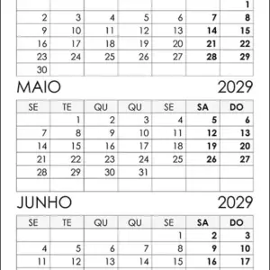 Calendário Abril, Maio, Junho 2029 Calendário Abril, Maio, Junho 2029