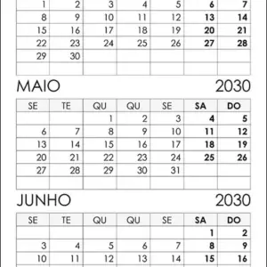 Calendário Abril, Maio, Junho 2030