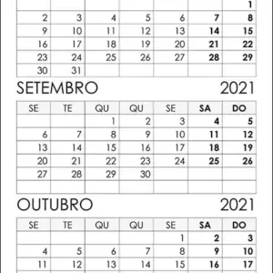 Calendário Agosto, Setembro, Outubro 2021