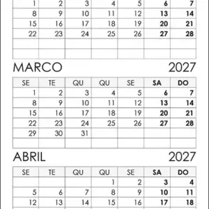 Calendário Fevereiro, Março, Abril 2027