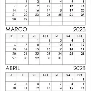 Calendário Fevereiro, Março, Abril 2028