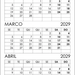 Calendário Fevereiro, Março, Abril 2029