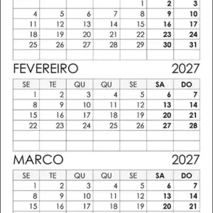 Calendário Janeiro, Fevereiro, Março 2027