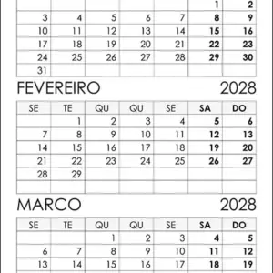 Calendário Janeiro, Fevereiro, Março 2028