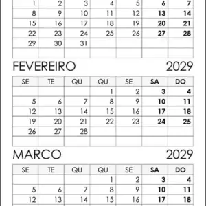 Calendário Janeiro, Fevereiro, Março 2029