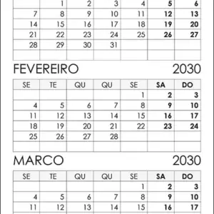 Calendário Janeiro, Fevereiro, Março 2030