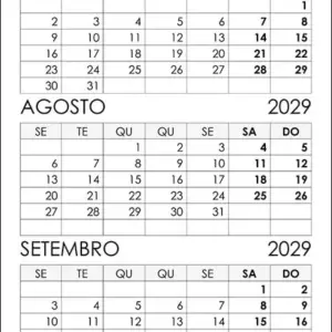 Calendário Julho, Agosto, Setembro 2029 Calendário Julho, Agosto, Setembro 2029