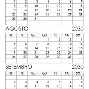 Calendário Julho, Agosto, Setembro 2030