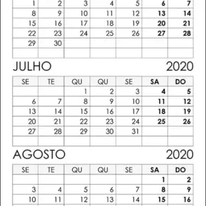 Calendário Junho, Julho, Agosto 2020 Calendário Junho, Julho, Agosto 2020