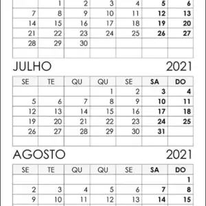 Calendário Junho, Julho, Agosto 2021