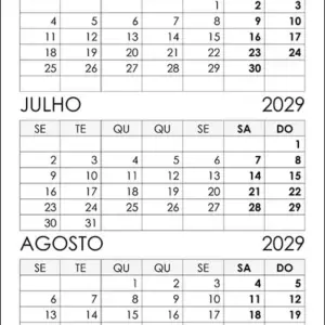 Calendário Junho, Julho, Agosto 2029