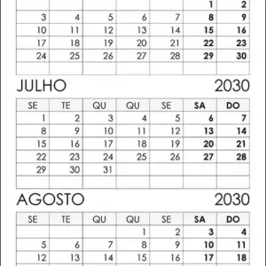 Calendário Junho, Julho, Agosto 2030 Calendário Junho, Julho, Agosto 2030