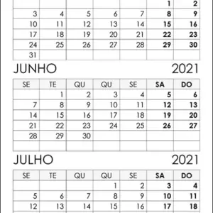 Calendário Maio, Junho, Julho 2021