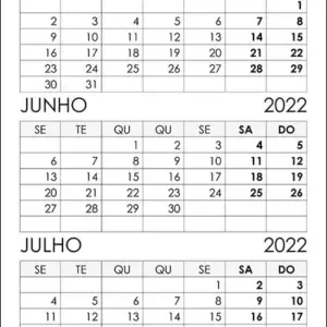 Calendário Maio, Junho, Julho 2022 Calendário Maio, Junho, Julho 2022