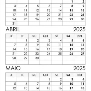Calendário Março, Abril, Maio 2025