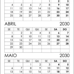 Calendário Março, Abril, Maio 2030