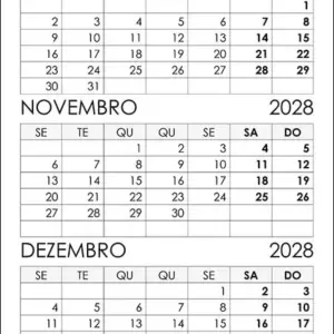 Calendário Outubro, Novembro, Dezembro 2028
