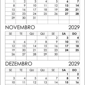 Calendário Outubro, Novembro, Dezembro 2029