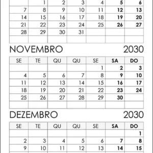 Calendário Outubro, Novembro, Dezembro 2030