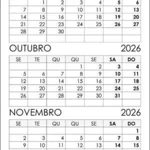 Calendário Setembro, Outubro, Novembro 2026