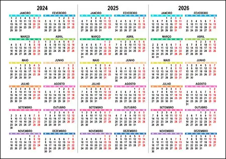 Modelo de calendário trienal 2024 2025 2026 para imprimir grátis