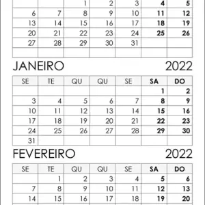 Calendário Dezembro 2021 e Janeiro, Fevereiro 2022