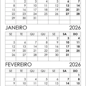 Calendário Dezembro 2025 e Janeiro, Fevereiro 2026