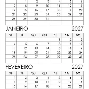 Calendário Dezembro 2026 e Janeiro, Fevereiro 2027