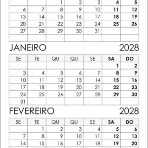 Calendário Dezembro 2027 e Janeiro, Fevereiro 2028
