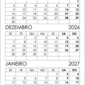 Calendário Novembro, Dezembro 2026 e Janeiro 2027