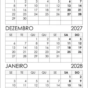 Calendário Novembro, Dezembro 2027 e Janeiro 2028
