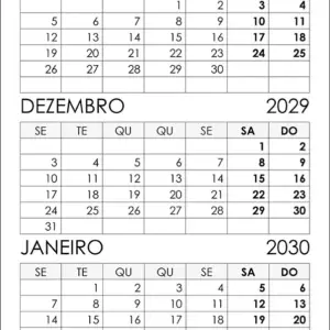 Calendário Novembro, Dezembro 2029 e Janeiro 2030 Calendário Novembro, Dezembro 2029 e Janeiro 2030
