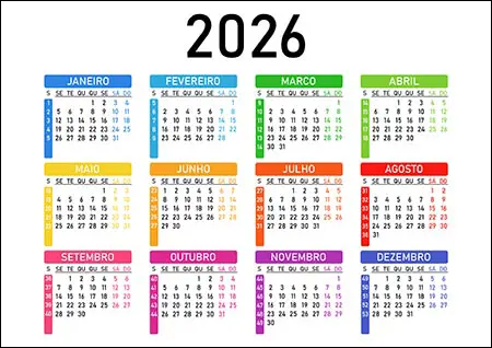 Calendário 2026 em vetor editável grátis nos formatos EPS, SVG e PDF