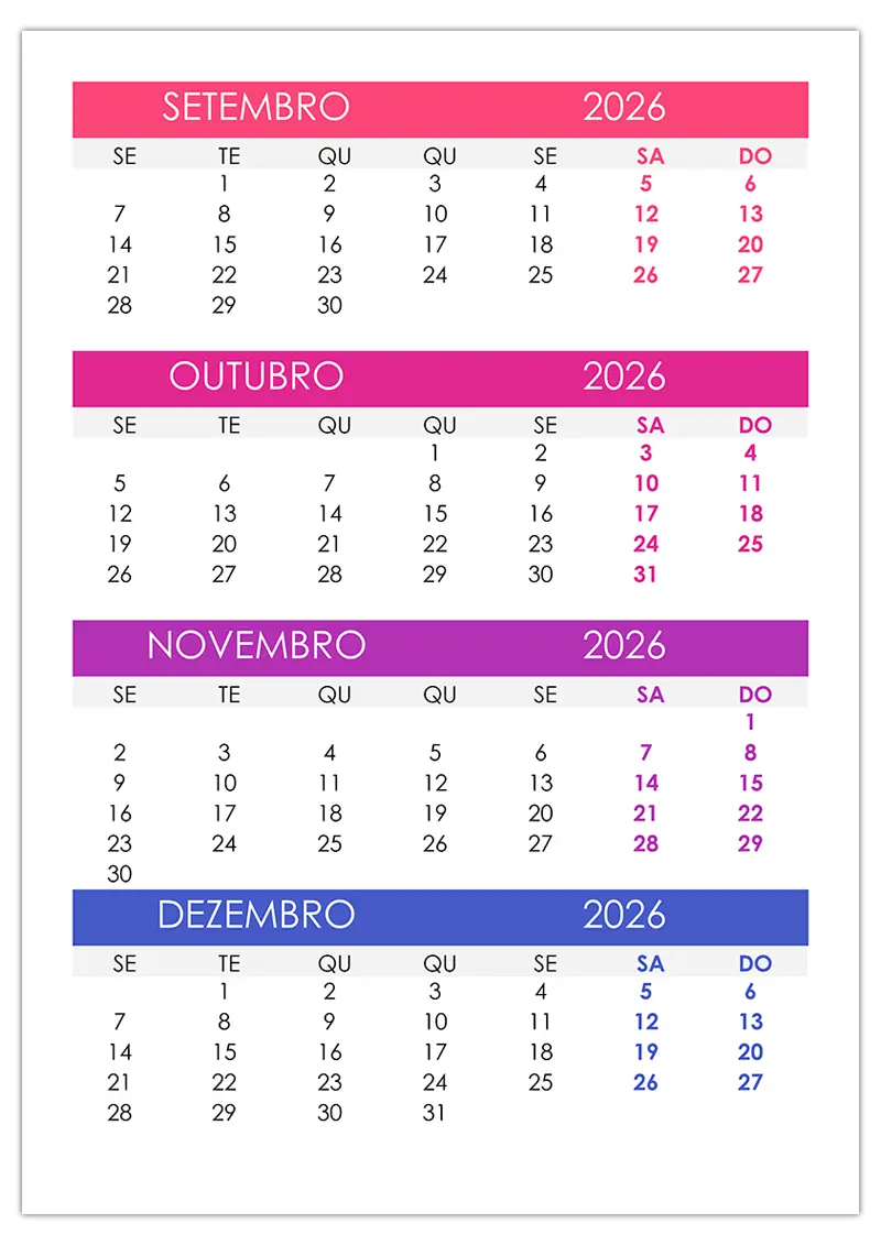 Calendário de Setembro a Dezembro de 2026